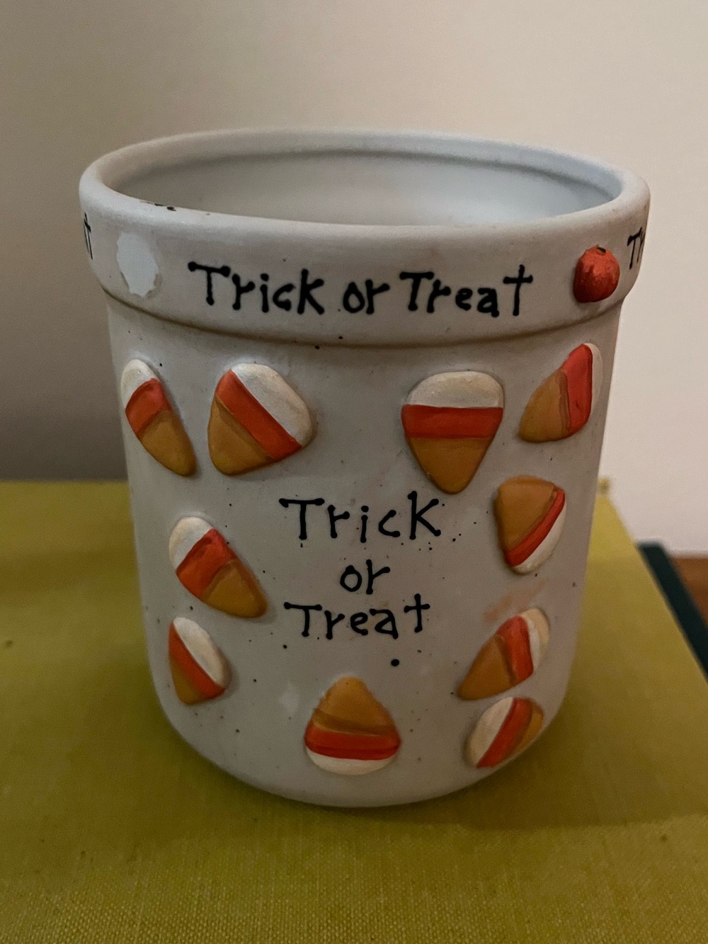 Ceramic 'Trick or Treat' Candy Corn Canister - White, Orange, Yellow